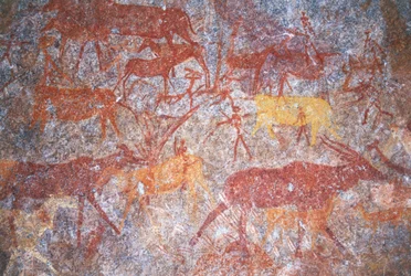 Inanke-Felsmalereien fotografiert in einer Höhle im Matobo-Nationalpark, Simbabwe. 1. April 1998.